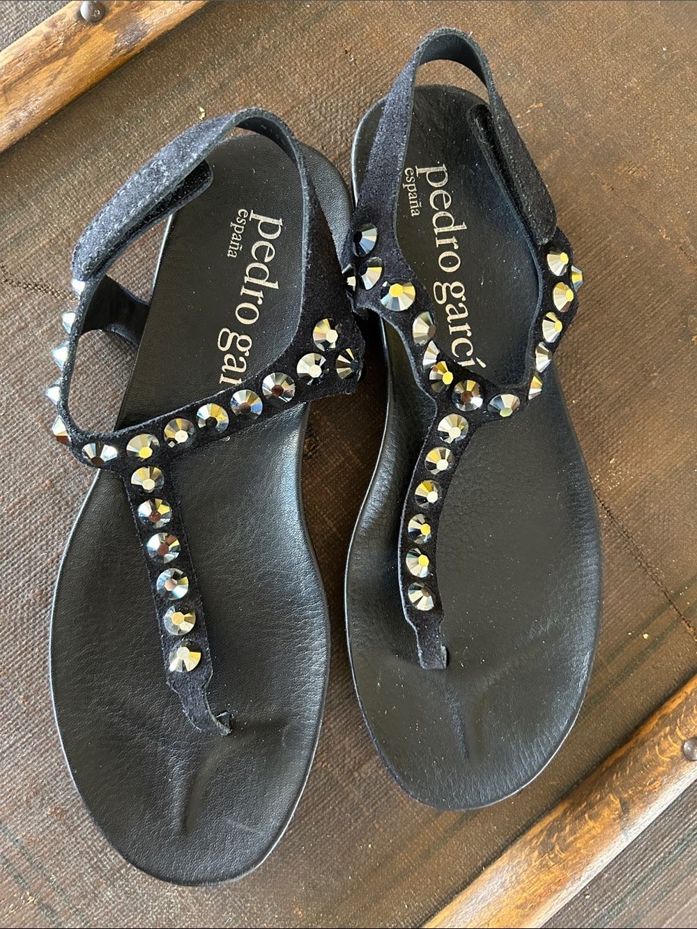 Pedro Garcia Black Sandals with Crystal Embellishments